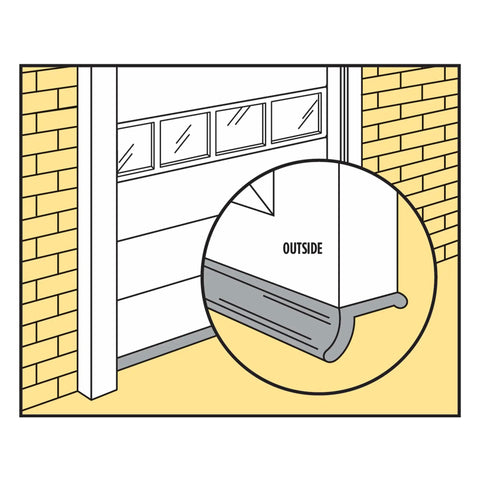 Illustration of 16 ft black rubber garage door bottom seal with nails included for weatherproof draft and moisture barrier use