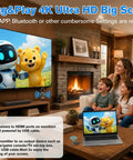 Family watching TV using upgraded wireless HDMI transmitter with LED screen for multiple screens setup in living room