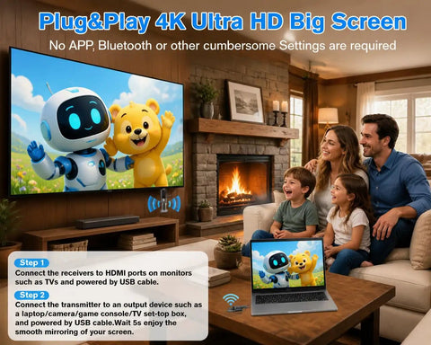 Family watching TV using upgraded wireless HDMI transmitter with LED screen for multiple screens setup in living room