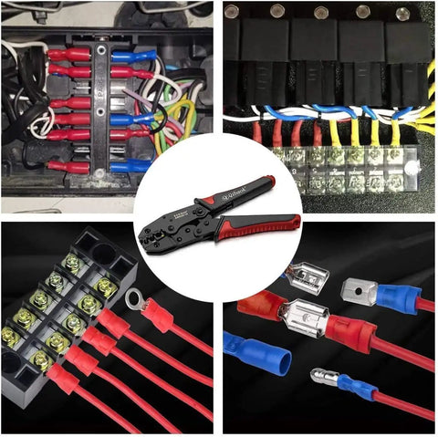 Ratcheting Wire Crimping Tool For Insulated Terminal Connectors with color-coded wires and connectors in various electrical setups.
