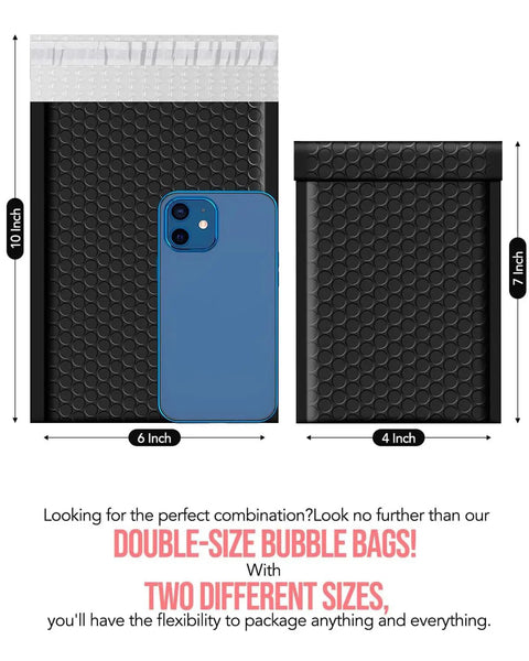 Two Size Bubble Mailers 100 Pack Padded Envelopes Self Seal Black For Shipping, sizes 4x8 and 6x10 inches, shown with phone for scale.