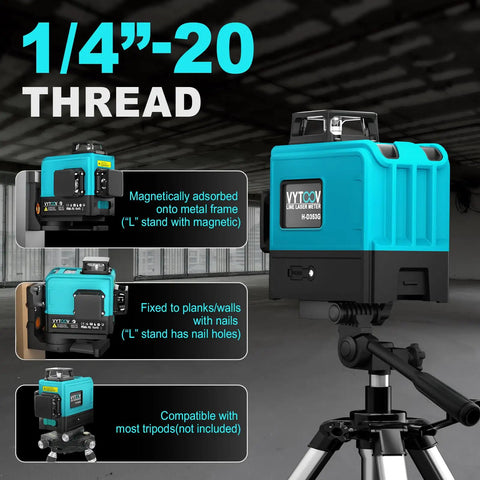Self Leveling Green Laser Level Tool With Rechargeable Li Ion Battery on tripod showing mounting options for indoor projects.