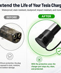 Before and after of Tesla charger ports, showcasing Heavy Duty Waterproof Silicone Cover For Tesla Model 3 Y X S NACS Ports.