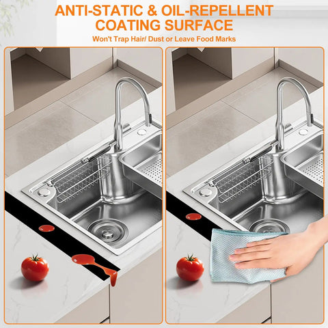 Silicone Stove Gap Covers Two Pack 21 Inch Gap Filler With Non Slip Mirror Base shown blocking spills on countertop