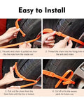 Heavy Duty Car Snow Tire Chains 12 Piece Set Spiral Anti Skid Traction Straps being installed on a tire for winter driving.