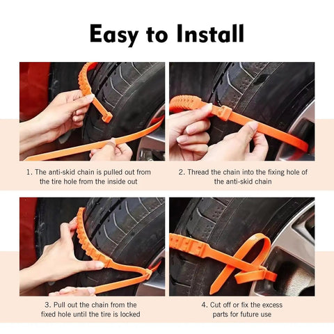 Heavy Duty Car Snow Tire Chains 12 Piece Set Spiral Anti Skid Traction Straps being installed on a tire for winter driving.