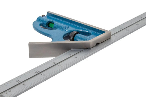 Dead Nuts Accurate 4 Piece Combination Square Set With 12 Inch Carbon Steel Blade Cast Iron Head, featuring a blue square and ruler.