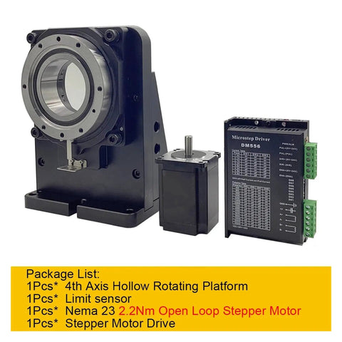 four axis cnc electric hollow rotary table with slick angle dial and dead on accuracy for heavy duty milling cutting and visual inspection 400w pulse servo kit 18 to 1 gear ratio components including stepper motor and drive