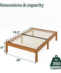 Heavy Duty 14 Inch Bamboo Platform Bed Frame Twin Size With No Box Spring Needed displaying dimensions 74.5 x 38 x 14 inches, 350 lb capacity.