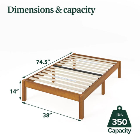 Heavy Duty 14 Inch Bamboo Platform Bed Frame Twin Size With No Box Spring Needed displaying dimensions 74.5 x 38 x 14 inches, 350 lb capacity.