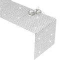 Disco Table Runner Set Of 5 Glitter Silver Sequin Runners For Party Wedding Decor 12 X 72 Inches on a white table with ornaments.