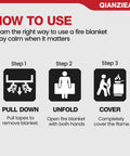 Illustration showing steps to use 4 Pack 40 By 40 Fire Blanket For Kitchen And Home Must-Have Emergency Gear Fiberglass Suppression Blanket
