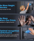 Premium Smart WiFi Door Lock Featuring Rapid Facial Recognition And Palm Vein Fingerprint Scanning For No Sweat Keyless Entry, images of kids and seniors using palm recognition.