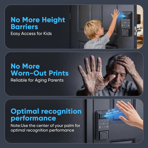 Premium Smart WiFi Door Lock Featuring Rapid Facial Recognition And Palm Vein Fingerprint Scanning For No Sweat Keyless Entry, images of kids and seniors using palm recognition.