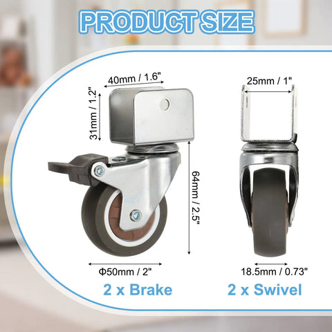 Beefy 2 Inch Caster Wheel Set 4 Pack With 2 Brakes And 2 Swivel Casters, 1 Inch U Bracket Opening, product size dimensions.