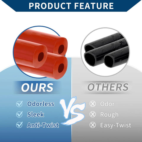Comparison of red silicone vacuum hose and black hose, highlighting differences in surface texture and twistability.