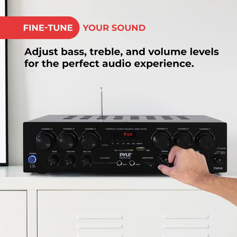 Bluetooth Wireless Home Amplifier System With 6 Channel Power 750 Watts for Karaoke Home Theater, front panel controls view.