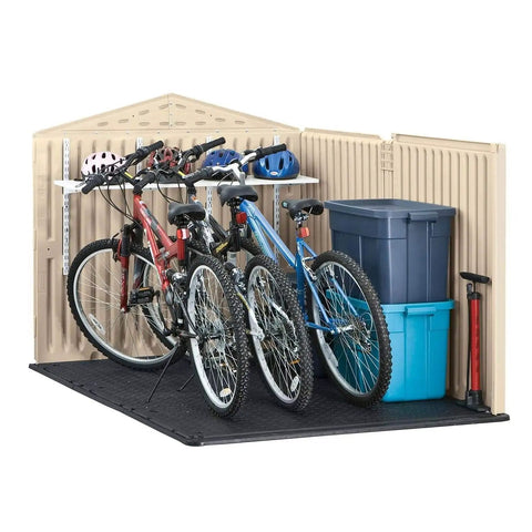 Slide-Lid Resin Outdoor Storage Shed For Backyard Gear And Tools, Weather Resistant Beige Brown, 5 By 6.5 Ft, Fits Bikes and Tools