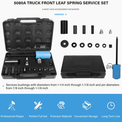 Front Leaf Spring Pin And Bushing Service Kit For Trucks And Heavy Duty Repairs A Must Have Universal Compatibility With Horton Pins And Bushings Fits Commercial And Pickup Trucks displayed with open and closed cases, multiple components visible.