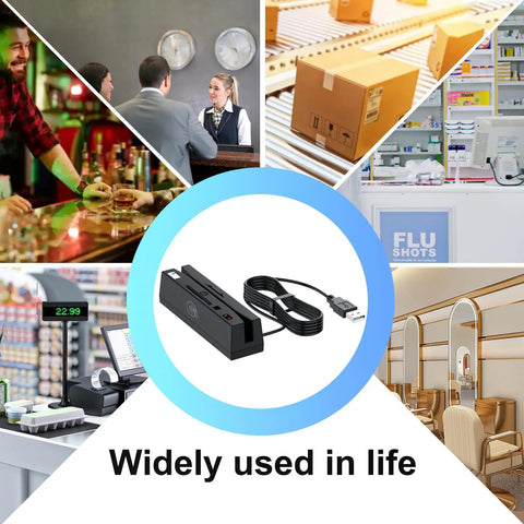 USB 4 In 1 Magnetic Card Reader And Writer With Contactless PSAM And Chip Card Support Read And Write APDU Commands Windows Compatible shown with usage scenes.