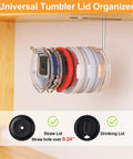 Durable Tumbler Lid Organizer Two Pack Featuring Space Saving Under Cabinet Hangers For All Cups, displaying various tumbler lids neatly stored.