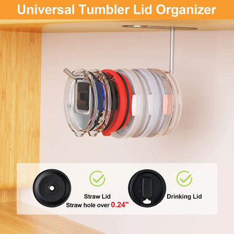 Durable Tumbler Lid Organizer Two Pack Featuring Space Saving Under Cabinet Hangers For All Cups, displaying various tumbler lids neatly stored.