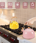 Pink Stainless Steel Tea Kettle For Stove Top 2.6 Qt Whistling Kettle With Wood Pattern Folding Handle And Thumb Control Spout In Use
