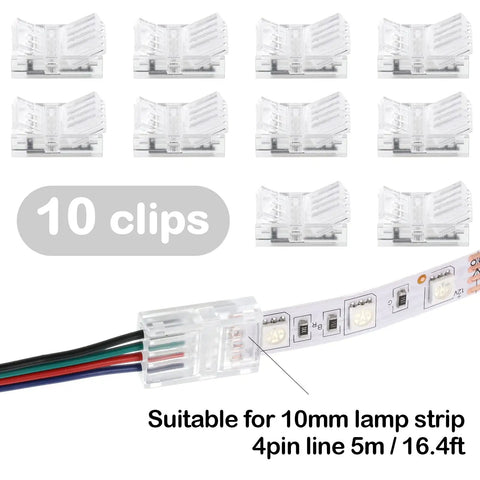 10 Pack Solderless LED Strip Connectors With 16.4 Ft Extension Cable For Easy LED Light Install Clear 4 Pin Track Lighting Wire 10 mm Compatible With Most LED Strips No Tools Needed with connectors shown on 10 mm wide LED strip