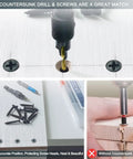 440 Piece Black Carbon Steel Self Tapping Wood Screws Assortment Kit Featuring Flat Head Phillips Drive and Rust Resistant fasteners, shown with countersink drill.