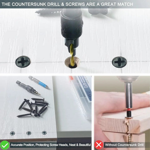 440 Piece Black Carbon Steel Self Tapping Wood Screws Assortment Kit Featuring Flat Head Phillips Drive and Rust Resistant fasteners, shown with countersink drill.