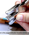 Close-up of easy grip puncher showing waste clip holder, part of Three Pack Metal Hole Punchers With One Eighth Inch Hole For School, Home And Office