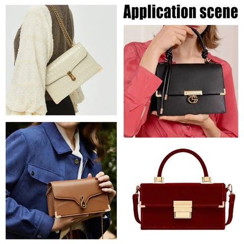 Four handbags showing application of 20 Pack Metal Corner Protectors For Purses And Bags, Scrapbooks, Albums And Folders.