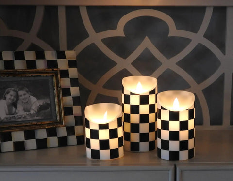 Flickering Flameless LED Battery Candles Set Of Three With Remote Control Unscented Black And White Checkered Large Square Pillars