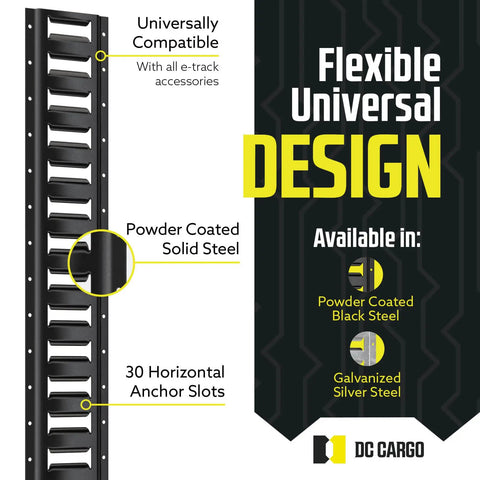 Rock Solid E Track Tie Down Rail Kit Four Pack Three Foot Heavy Duty Steel Tracks Powder Coated Black showcasing 30 anchor slots.