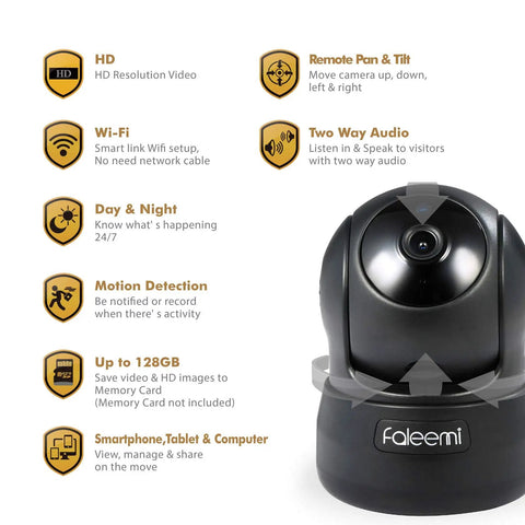Indoor Wireless Security Camera With Pan Tilt And WiFi App Control, Night Vision, Two-Way Audio, Motion Detection with features list