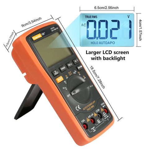 Ranging Digital Multimeter TRMS 6000 with LCD screen, battery clips, test leads; measures AC/DC voltage, current, resistance.