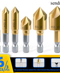 Six-Piece 5-Flute Titanium-Plated Countersink Drill Bit Set, 1/4 Inch Hex Shank, 6-19mm Range, High Carbon Steel Reaming Chamfer Bits