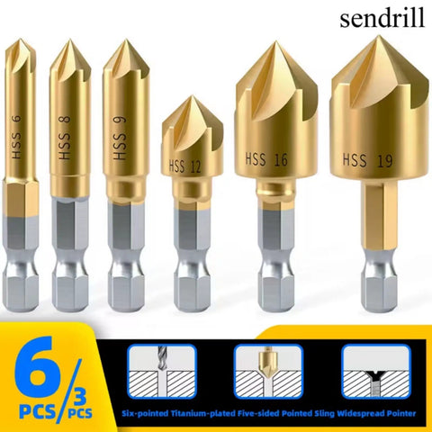 Six-Piece 5-Flute Titanium-Plated Countersink Drill Bit Set, 1/4 Inch Hex Shank, 6-19mm Range, High Carbon Steel Reaming Chamfer Bits