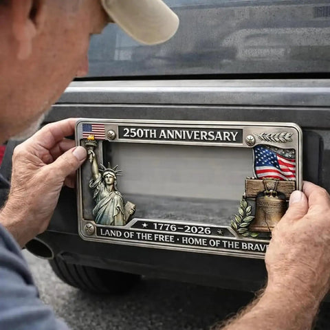 Man installing 250th Anniversary Patriotic License Plate Frame Celebrating 1776 To 2026 With USA Flag Design Fits Standard US Plates