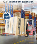Heavy Hitter 72 Inch Pallet Forklift Extensions 5.3 Inches Wide Rock Solid 5500 Lbs Capacity lifting wooden crates in a warehouse.