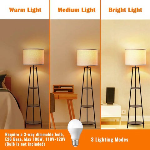 Three Tier Round Corner Floor Lamp With Shelves Dimmable Levels White Fabric Shade Tall Modern Standing Lamp display