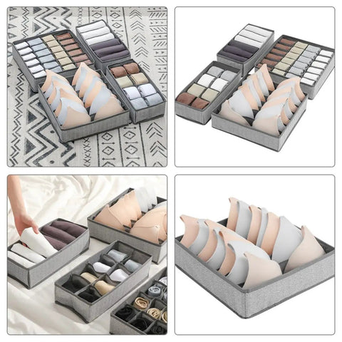 Four Piece Slick Underwear Storage Organizers featuring nifty grid layouts for foldable oxford fabric drawer bins with bras and socks.