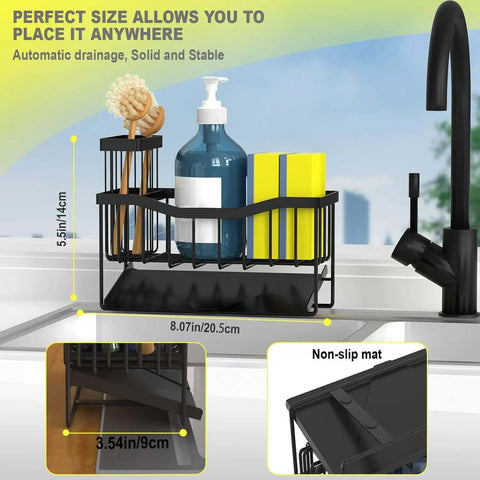 Sink Caddy With Brush Holder And Self Drain Tray, Stainless Steel Kitchen Organizer For Sponges And Soap Dispenser in use on counter