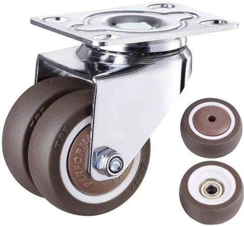 Heavy Duty Twin Rubber Casters 2 Inch Super Quiet Furniture Rollers with chrome swivel base and dual wheels.