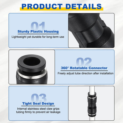 Product details of Two Pack 1/2 Inch Tube To Tube Push To Connect Pneumatic Fittings with sturdy housing, rotatable connector, tight seal