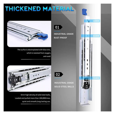 Side Mount Ball Bearing Drawer Rails 1 Pair 12-40 Inch Full Extension Sliding 3 Fold Heavy Duty with lock, close-up on build.