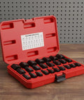 Premium 25 Piece Screw Extractor Set Made From Tough Chrome Molybdenum Steel For Removing Damaged Bolts Easily With Multi Groove Selection Perfect For Garage Repairs And Toolbox Kits. red case open with 25 screw extractors