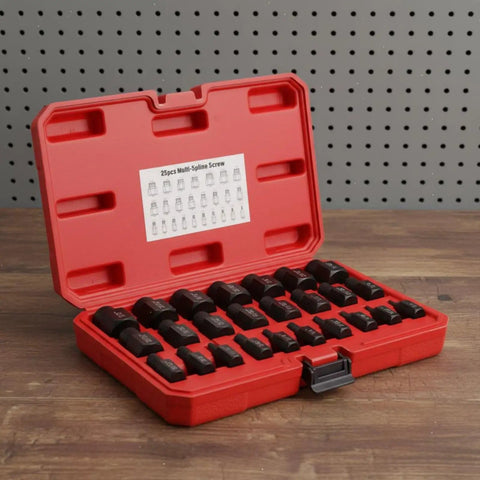 Heavy Duty 25 Piece Screw Extractor Set And Bolt Remover Kit For Stripped Fastener Repair. open red case with 25 multi-spline extractors