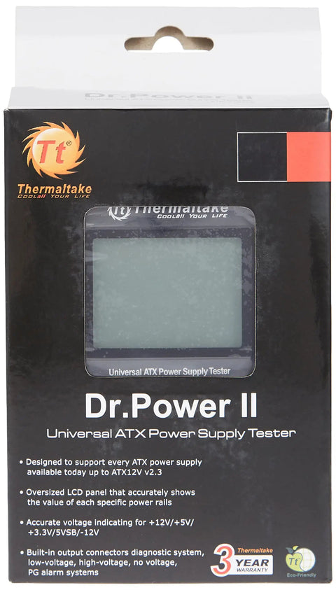 Dr. Power II Automated Power Supply Tester With Oversized LCD For ATX PSUs Reads All Rails Including 12V 5V 3.3V 5VSB And PG Alarms With Built In Output Connectors Nerd Friendly Troubleshooting Supports ATX12V 2.3 Black in packaging.