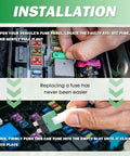 Hands installing Hardcore 30A Manual Reset Fuse Mini Circuit Breaker DC 12V-32V in a vehicle fuse panel for easy replacement.